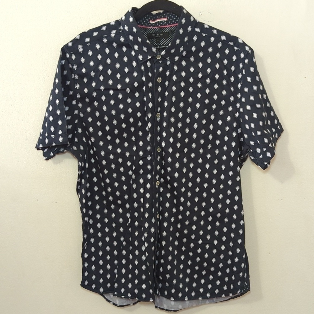 Ted Baker Button-Down Shirt Blue White 100% Cotton Cuffed Sleeve Men's Size S